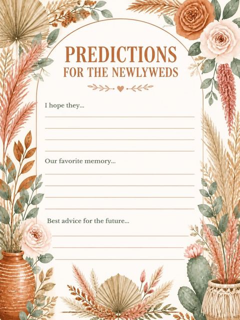Predictions card in the Terracotta Pampas Grass Bridal Shower design