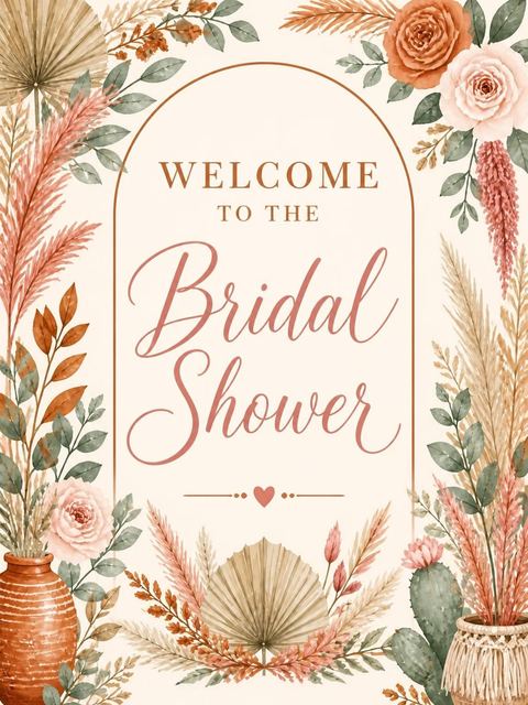 Welcome sign in the Terracotta Pampas Grass Bridal Shower design