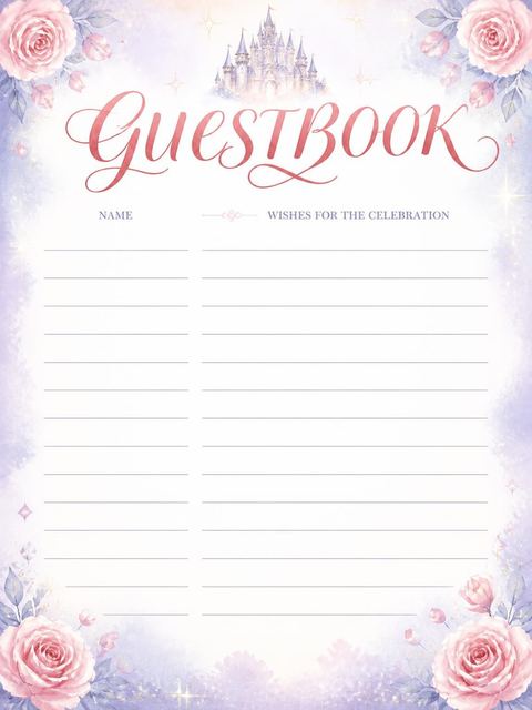 Guest sign-in sheet in the Watercolor Pastel Castle 6th Birthday design