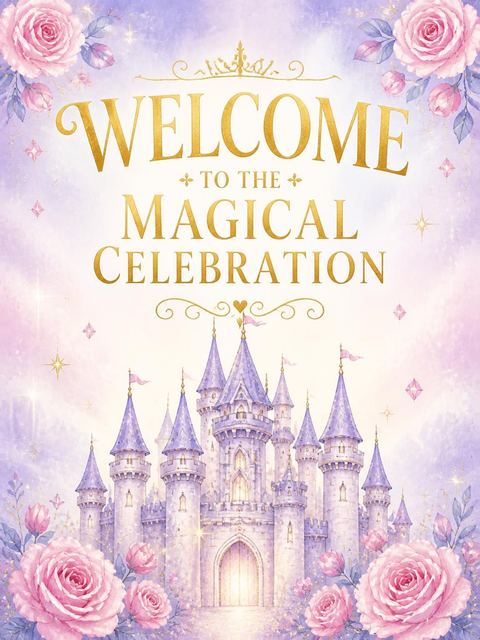 Welcome sign in the Watercolor Pastel Castle 6th Birthday design