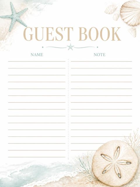 Guest sign-in sheet in the Watercolor Starfish Shell Beach Party design