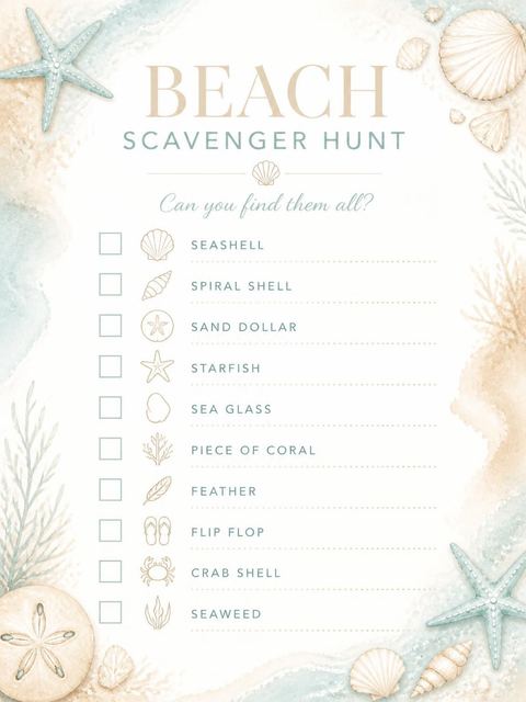 Scavenger hunt in the Watercolor Starfish Shell Beach Party design