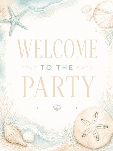 Welcome sign in the Watercolor Starfish Shell Beach Party design