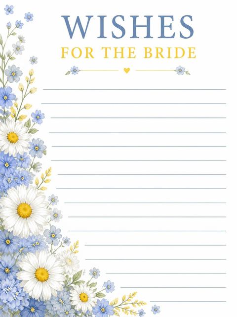 Wishes page in the Blue Daisy Watercolor Bridal Shower design