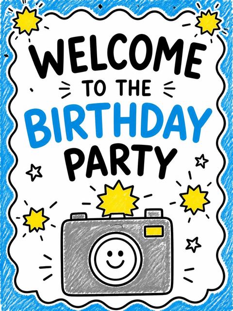 Welcome sign in the Crayon Blue Camera 2nd Birthday design