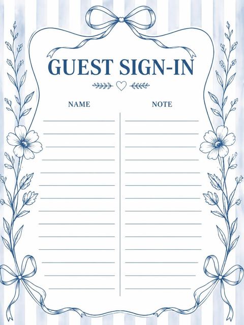 Guest sign-in sheet in the Blue Toile Wine Bridal Brunch design