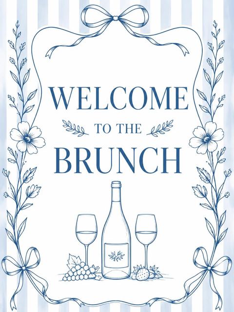 Welcome sign in the Blue Toile Wine Bridal Brunch design