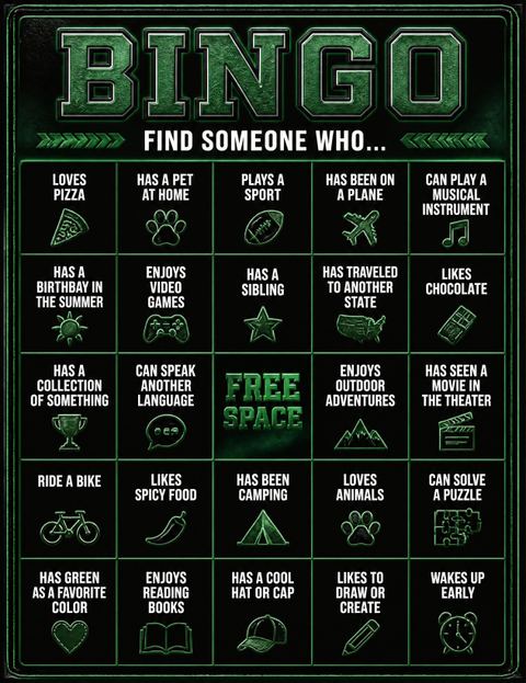 Bingo grid in the Neon Sports 7th Birthday Invitation design