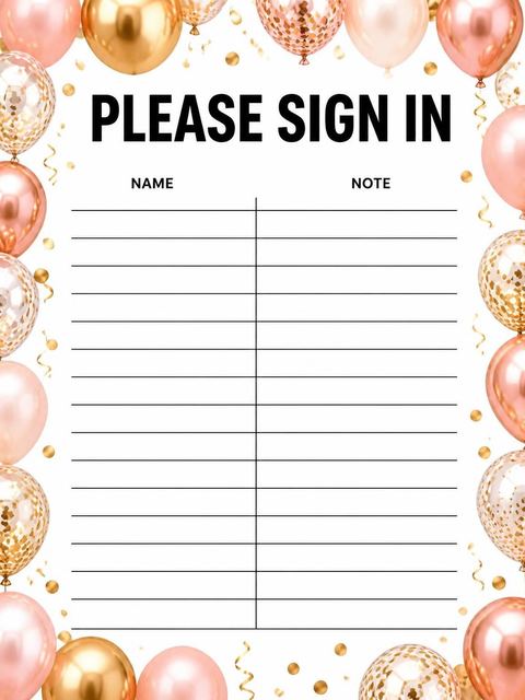 Guest sign-in sheet in the Rose Gold Balloon 90th Birthday design