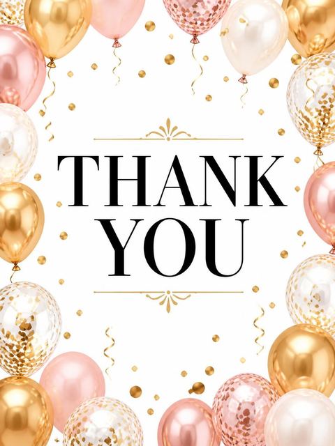 Thank-you flat in the Rose Gold Balloon 90th Birthday design