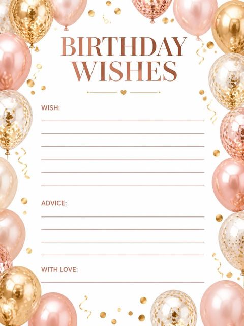 Wishes page in the Rose Gold Balloon 90th Birthday design