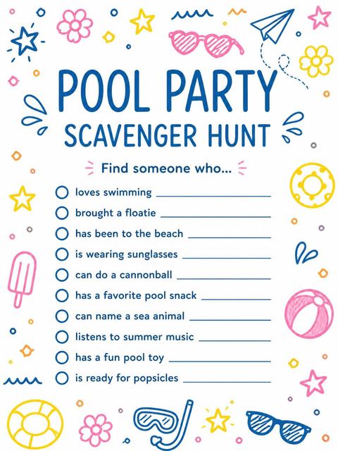 Scavenger hunt in the Doodle Motif Pool Party Invitation design