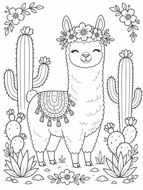 Coloring sheet in the Pastel Watercolor Llama 5th Birthday design
