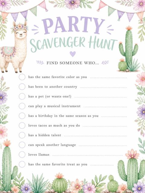 Scavenger hunt in the Pastel Watercolor Llama 5th Birthday design