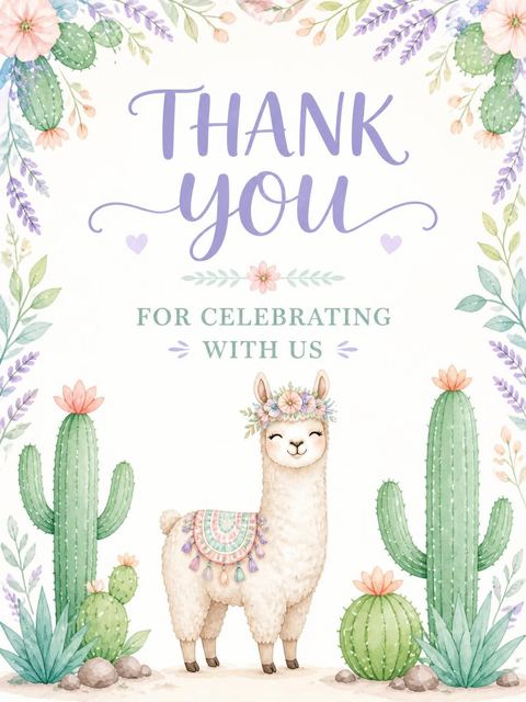 Thank-you flat in the Pastel Watercolor Llama 5th Birthday design