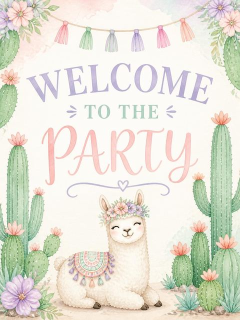 Welcome sign in the Pastel Watercolor Llama 5th Birthday design
