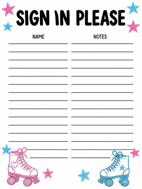 Guest sign-in sheet in the Pink Crayon Roller Skate 1st Birthday design