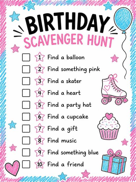 Scavenger hunt in the Pink Crayon Roller Skate 1st Birthday design