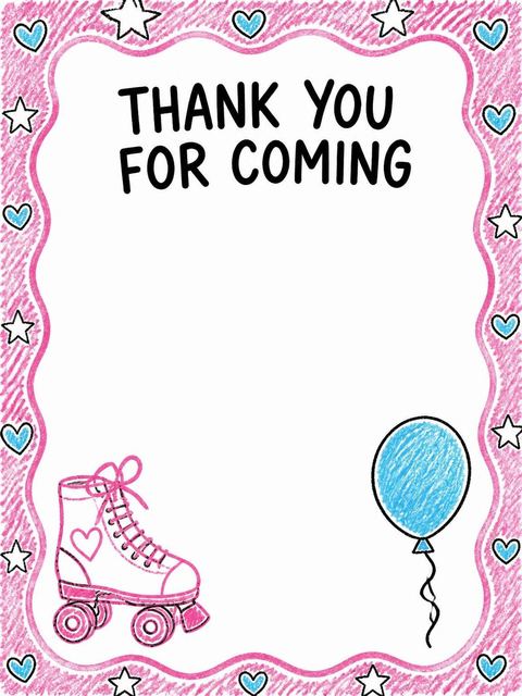 Thank-you flat in the Pink Crayon Roller Skate 1st Birthday design