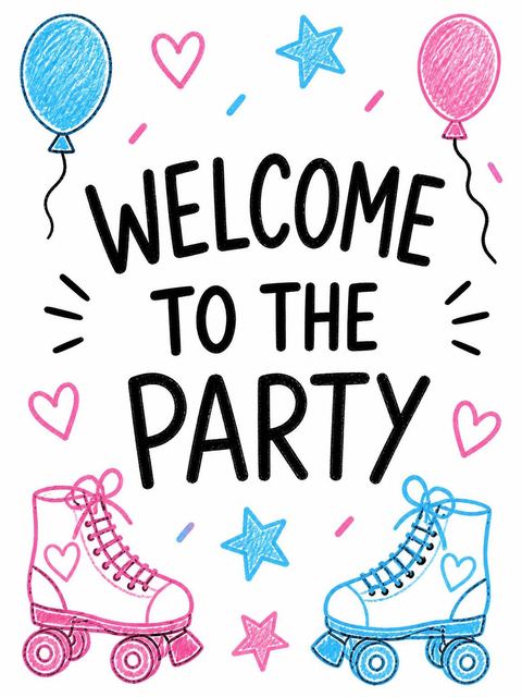 Welcome sign in the Pink Crayon Roller Skate 1st Birthday design