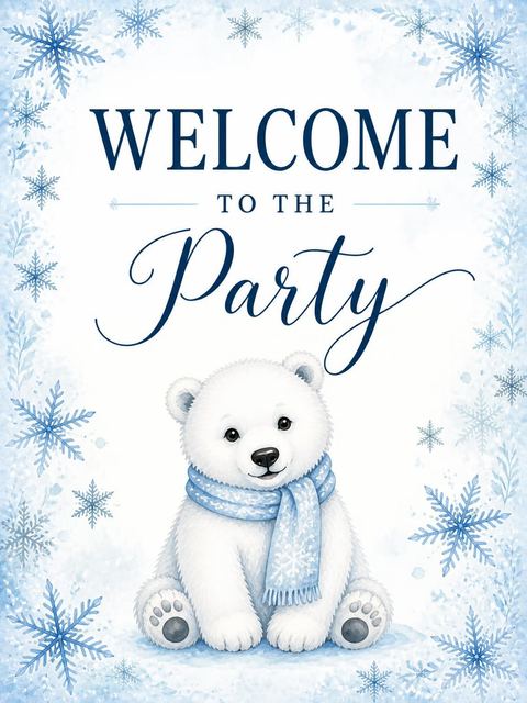 Welcome sign in the Blue Watercolor Polar Bear 1st Birthday design