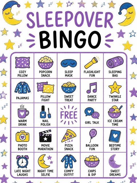 Bingo grid in the Crayon Moon Sleepover 7th Birthday Invitation design