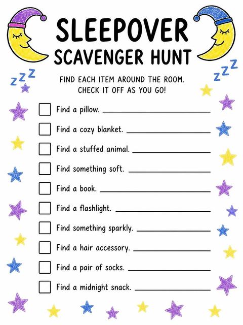 Scavenger hunt in the Crayon Moon Sleepover 7th Birthday Invitation design