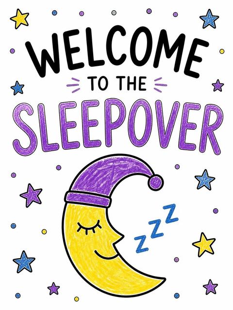 Welcome sign in the Crayon Moon Sleepover 7th Birthday Invitation design