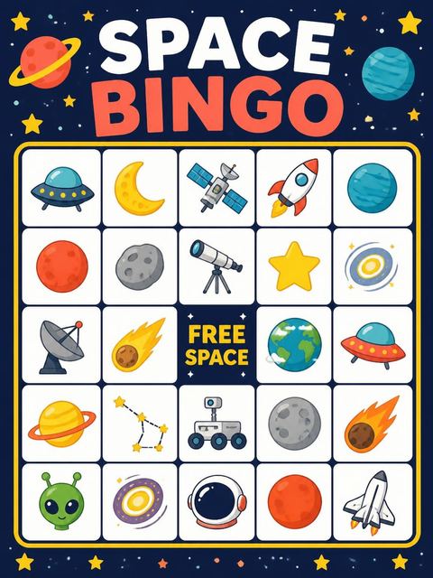 Bingo grid in the Navy Astronaut Cartoon 3rd Birthday design