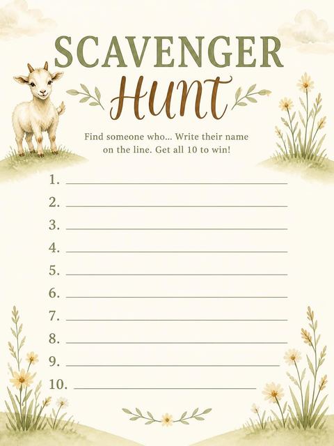 Scavenger hunt in the Watercolor Baby Goat Meadow 3rd Birthday design