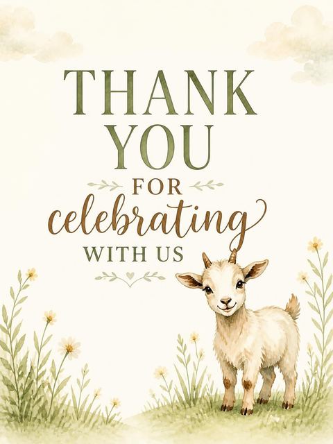 Thank-you flat in the Watercolor Baby Goat Meadow 3rd Birthday design