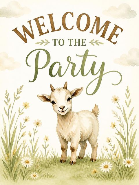 Welcome sign in the Watercolor Baby Goat Meadow 3rd Birthday design