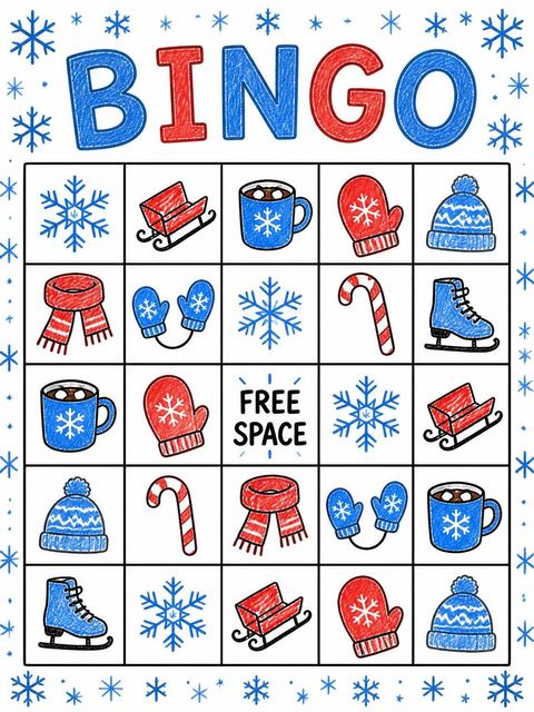 Bingo grid in the Crayon Sled and Snowflake 7th Birthday design