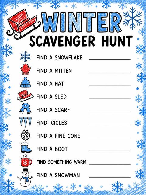 Scavenger hunt in the Crayon Sled and Snowflake 7th Birthday design