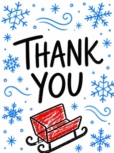 Thank-you flat in the Crayon Sled and Snowflake 7th Birthday design