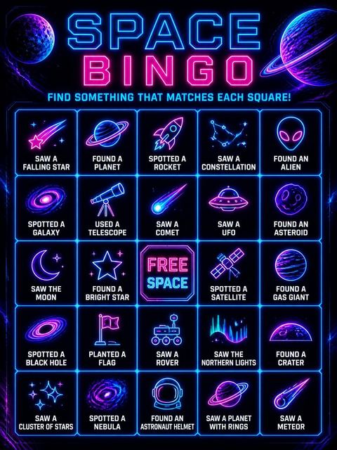 Bingo grid in the Neon Galaxy Planet 8th Birthday Invitation design