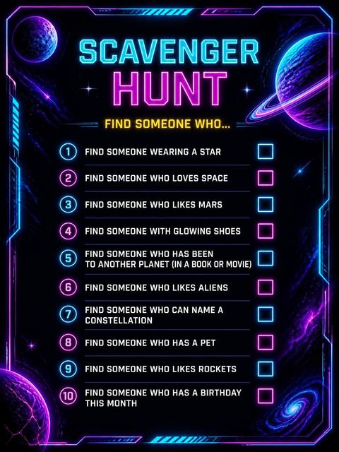 Scavenger hunt in the Neon Galaxy Planet 8th Birthday Invitation design