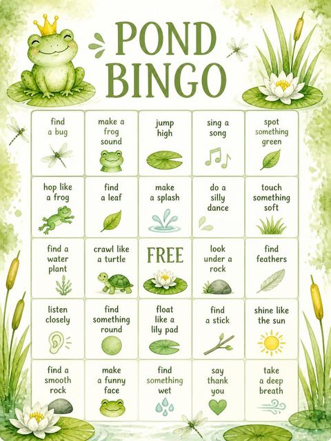 Bingo grid in the Watercolor Frog Lily Pad 7th Birthday design