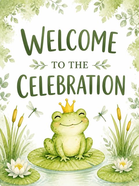 Welcome sign in the Watercolor Frog Lily Pad 7th Birthday design