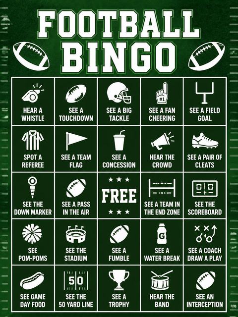 Bingo grid in the Green Jersey Football 7th Birthday Party design