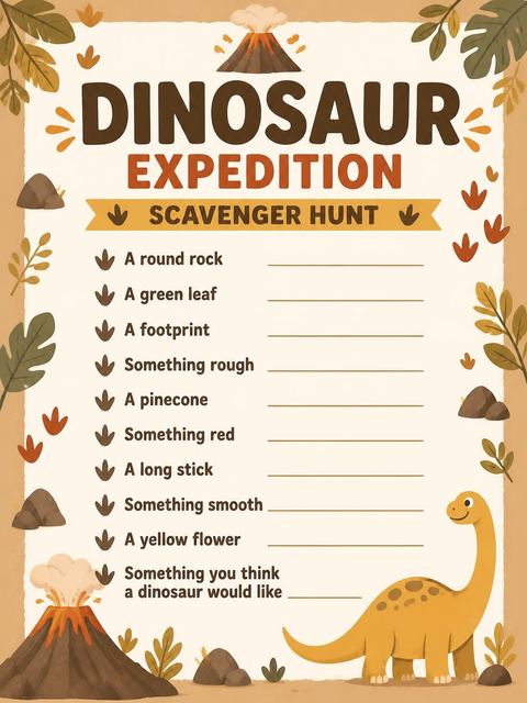 Scavenger hunt in the Earthy Dinosaur Volcano 4th Birthday Invitation design