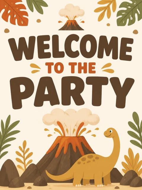Welcome sign in the Earthy Dinosaur Volcano 4th Birthday Invitation design