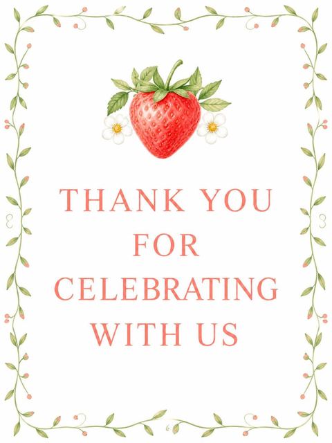 Thank-you flat in the Watercolor Strawberry First Birthday Invitation design