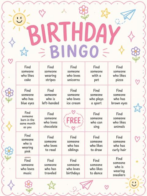 Bingo grid in the Whimsical Pink 5th Birthday Invitation design