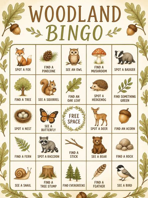 Bingo grid in the Watercolor Squirrel Acorn 5th Birthday design