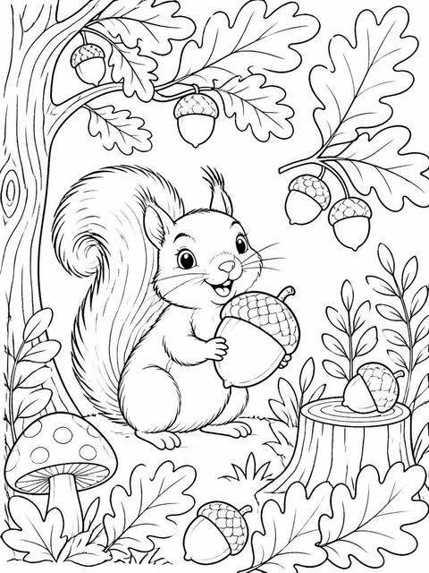 Coloring sheet in the Watercolor Squirrel Acorn 5th Birthday design