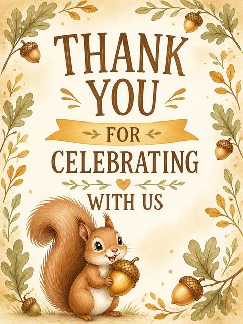 Thank-you flat in the Watercolor Squirrel Acorn 5th Birthday design