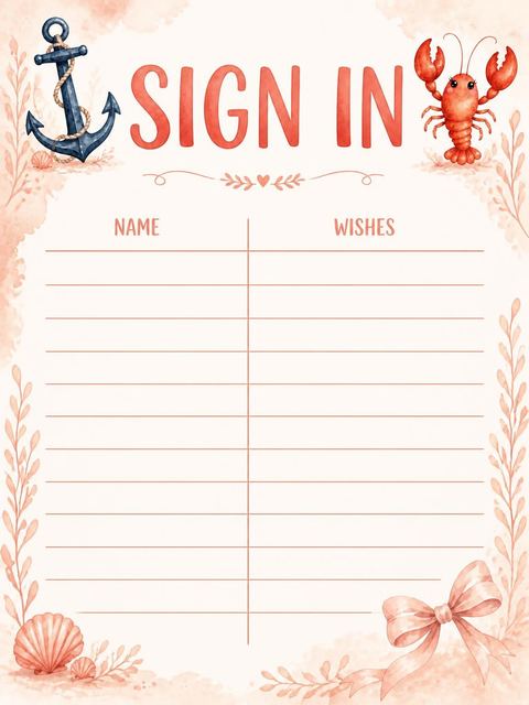 Guest sign-in sheet in the Watercolor Lobster Anchor 2nd Birthday Invitation design