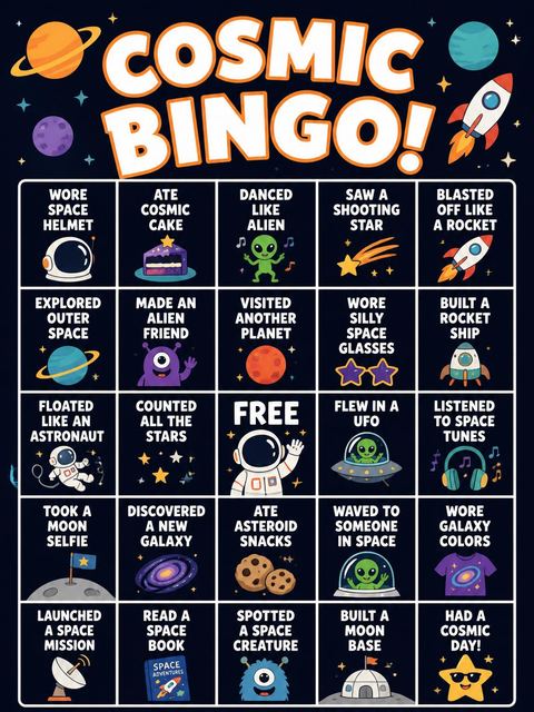 Bingo grid in the Cosmic Astronaut Galaxy 8th Birthday design