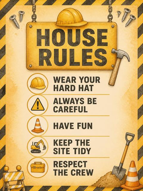 House rules sign in the Watercolor Construction Tools 10th Birthday design